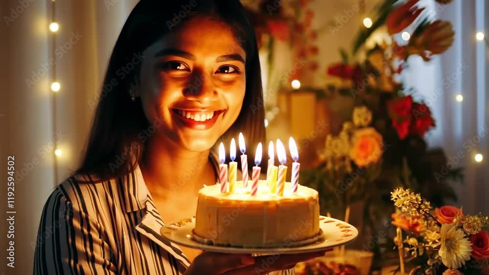 Joyful birthday celebration with smiling woman and lit candles