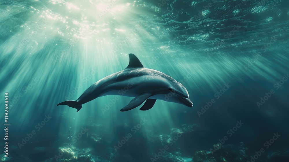 Naklejka premium Dolphin gracefully swimming underwater illuminated by sunbeams while waiting for food in a serene ocean environment