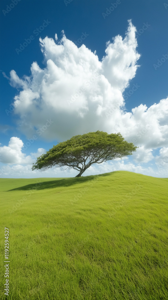Single Tree on a Windy Hill, Green Landscape View Single Tree on a Windy Hill, Green Landscape View