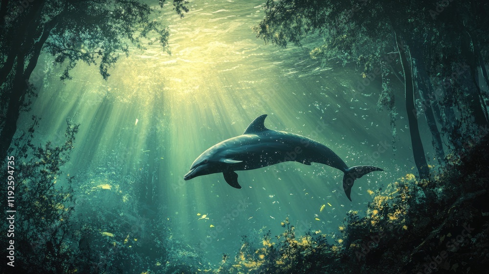 Obraz premium Dolphin Gliding Through Sunlit Underwater Forest with Glowing Rays and Marine Life