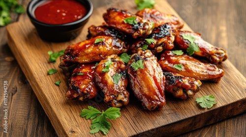 Savory barbecue chicken wings garnished with fresh herbs served on a rustic wooden table with dipping sauce in a bowl