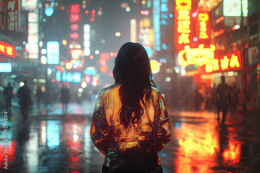 Obraz premium Cyberpunk woman in holographic raincoat stands on a rainy neon-lit street with glowing puddles reflecting the vibrant city lights
