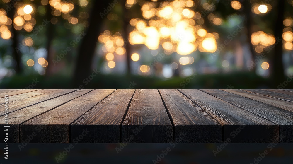 Wooden Table Surface with Bokeh Sunset Background Ideal for Product Display and Promotional Photography