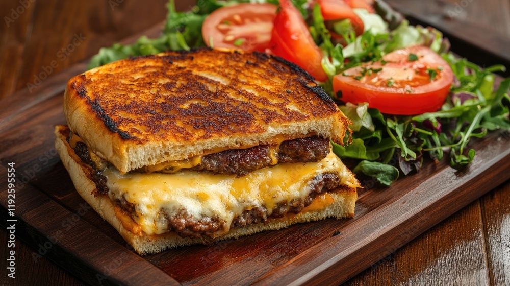 Delicious cheeseburger with melted cheese and fresh salad on a wooden platter perfect for gourmet food promotions and culinary delights. Delicious cheeseburger with melted cheese and fresh salad on a wooden platter perfect for gourmet food promotions and culinary delights.
