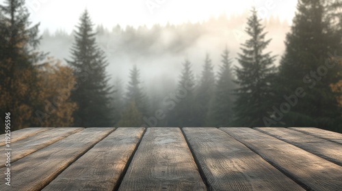 Serene Empty Wooden Table Overlooking Misty Pine Trees Forest Landscape
