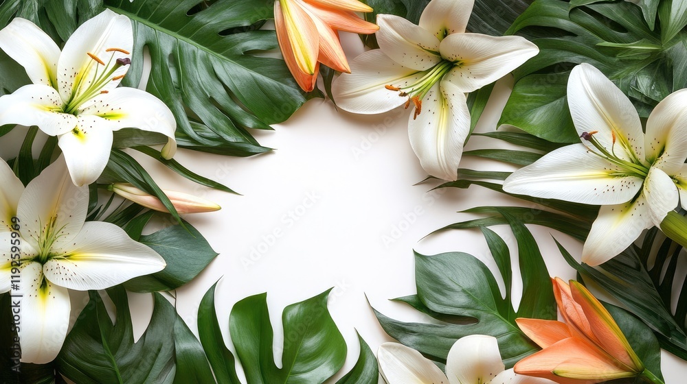 Obraz premium Elegant floral border with white lilies and tropical green leaves for invitations and creative designs.