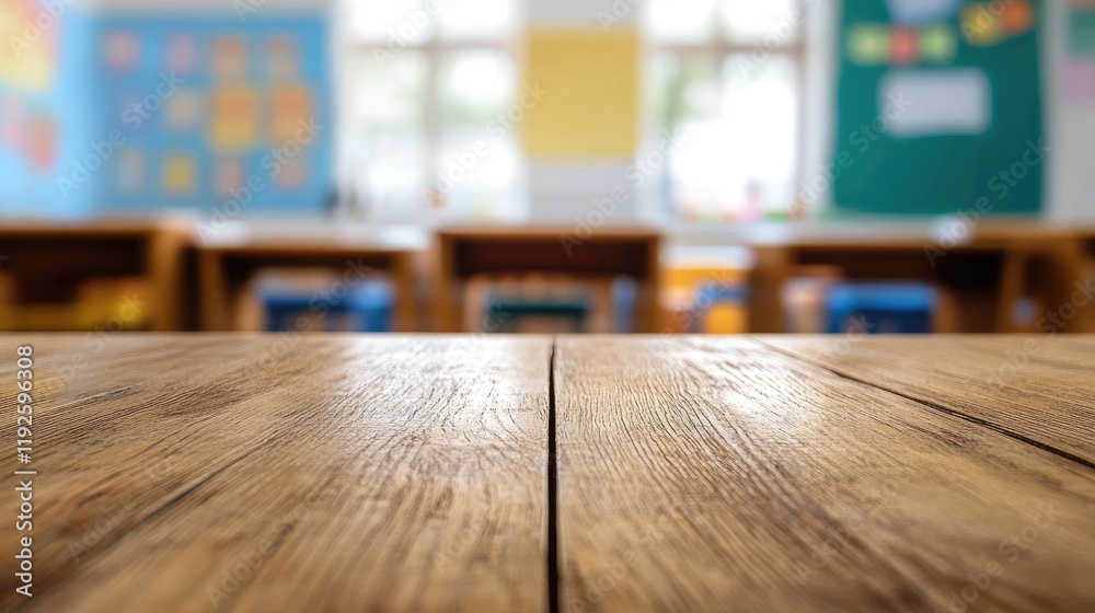Wooden Tabletop with Blurred Classroom Background Perfect for Education and Learning Concepts in Stock Images Wooden Tabletop with Blurred Classroom Background Perfect for Education and Learning Concepts in Stock Images