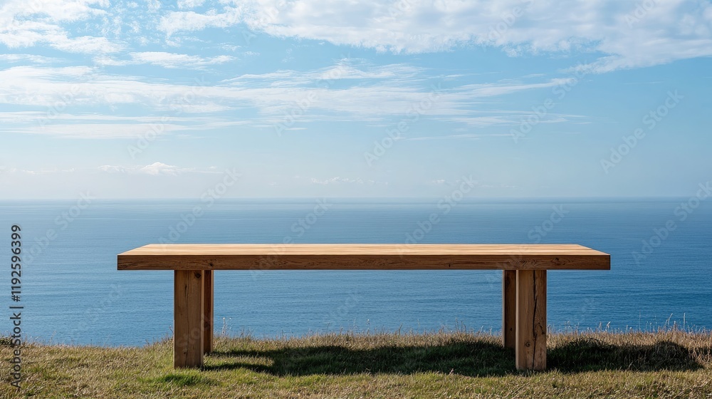 Wooden Table on Grass Overlooking Tranquil Sea Horizon Under Blue Sky and Clouds Wooden Table on Grass Overlooking Tranquil Sea Horizon Under Blue Sky and Clouds