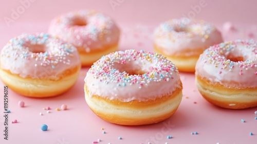 Wallpaper Mural Colorful frosted donuts with sprinkles on a pink background perfect for dessert and bakery promotions. Torontodigital.ca