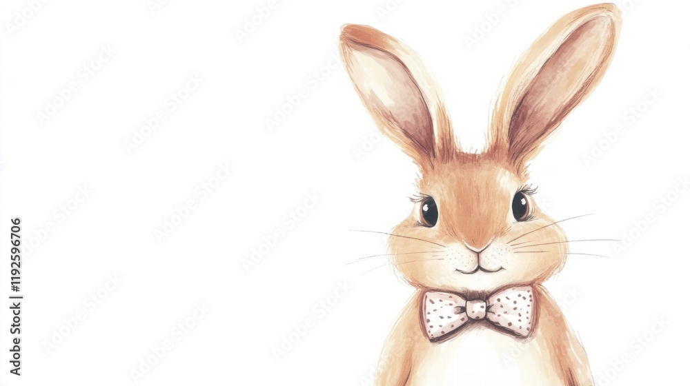 Fototapeta premium Cute illustrated rabbit character wearing a bow tie standing against a plain background in a cheerful style. Generative AI