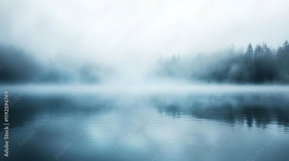 Fototapeta premium Blurred abstract background idea. A serene, foggy lake landscape reflecting calm water and dense fog.