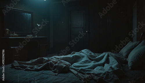 Depressed atmosphere in a dark bedroom with messy bed linens and dim lighting