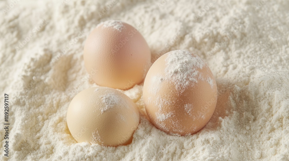 Baking Essentials Three Eggs Nestled in Flour for Culinary Creations Baking Essentials Three Eggs Nestled in Flour for Culinary Creations