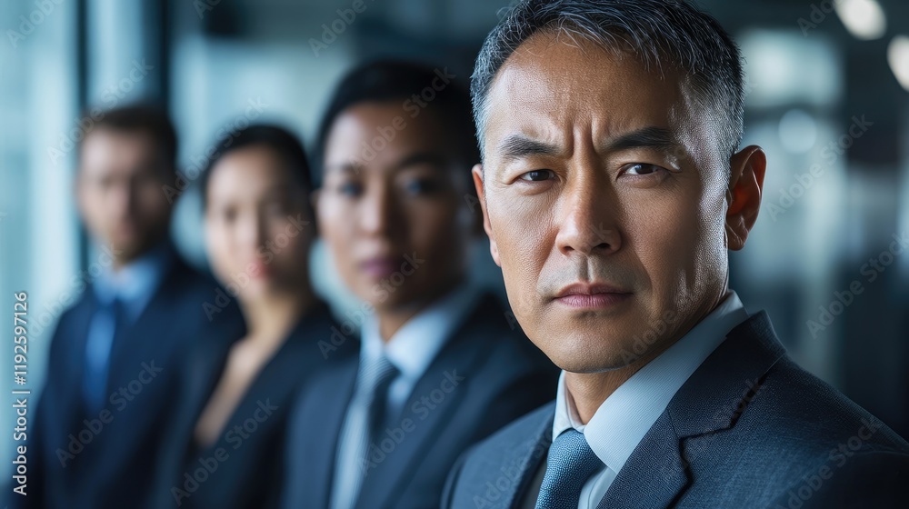 Mature Asian business professional in focus with diverse colleagues blurred in background showcasing teamwork and professionalism in office setting Mature Asian business professional in focus with diverse colleagues blurred in background showcasing teamwork and professionalism in office setting
