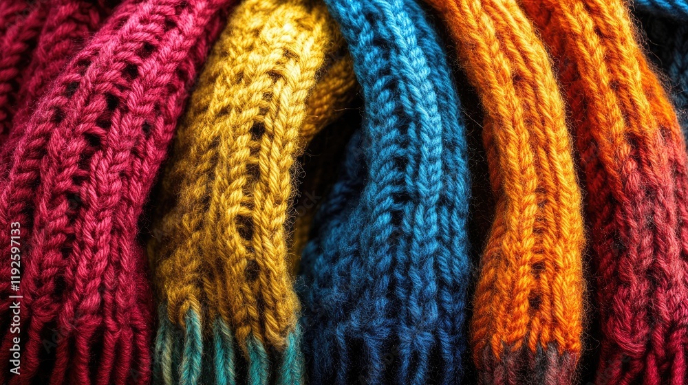 Colorful Wool Knitted Textiles with Closeup Detail of Scarf and Large Binding Needles on Soft Background Colorful Wool Knitted Textiles with Closeup Detail of Scarf and Large Binding Needles on Soft Background