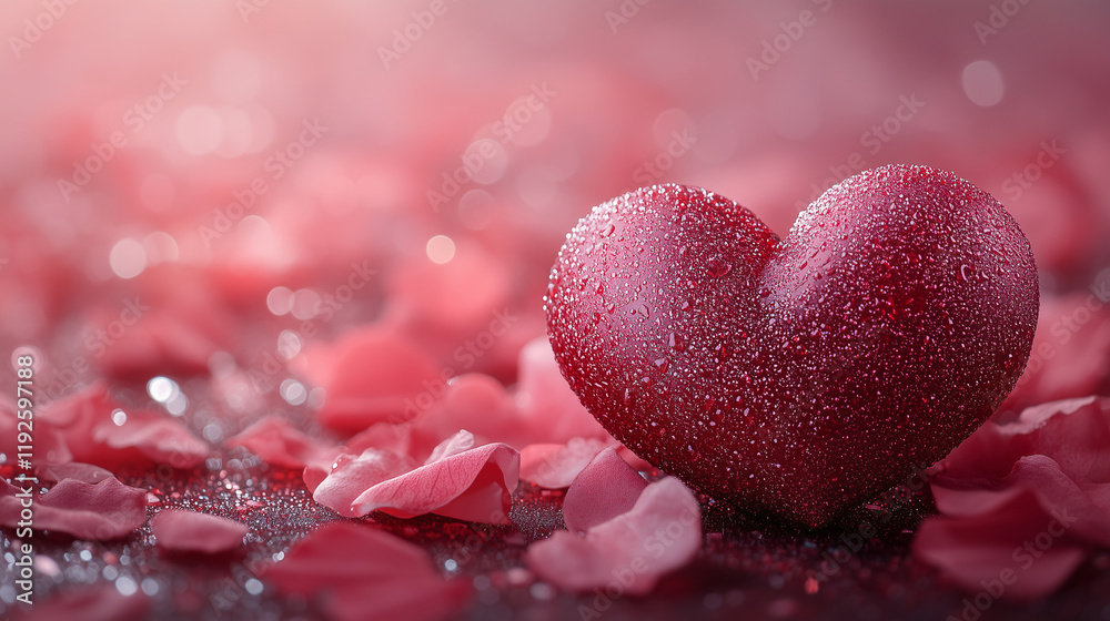Obraz premium Romantic Valentine's Day Background with Dewy Red Heart and Petals