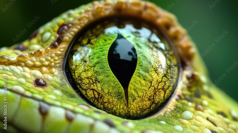 Fototapeta premium Close up of an intricate green reptile eye showcasing detailed textures and vibrant colors in a natural setting.