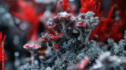 Cladonia fimbriata lichen macro shot showcasing intricate textures and vibrant colors in a forest setting. photo