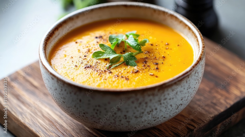 Vibrant vegetarian soup with carrots and fresh herbs served in a rustic bowl on a wooden board Vibrant vegetarian soup with carrots and fresh herbs served in a rustic bowl on a wooden board