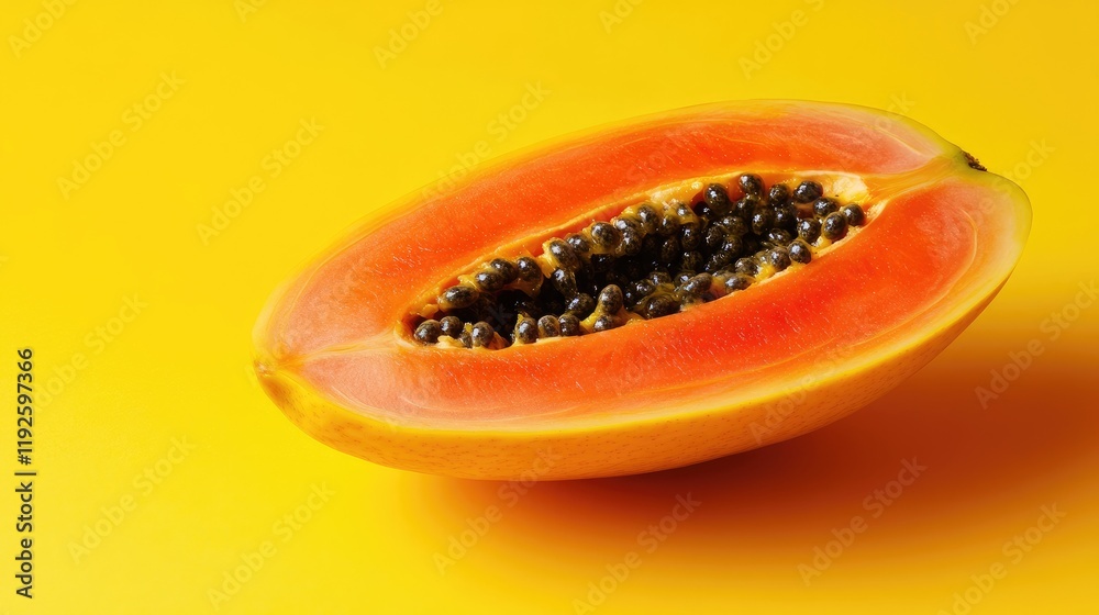 Cross section of ripe papaya showcasing vibrant orange flesh and black seeds against a bright yellow background for a fresh and tropical feel. Cross section of ripe papaya showcasing vibrant orange flesh and black seeds against a bright yellow background for a fresh and tropical feel.