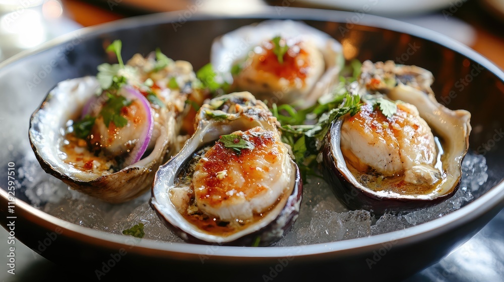 Grilled oysters garnished with herbs served on ice in a stylish bowl showcasing a gourmet seafood dish Grilled oysters garnished with herbs served on ice in a stylish bowl showcasing a gourmet seafood dish