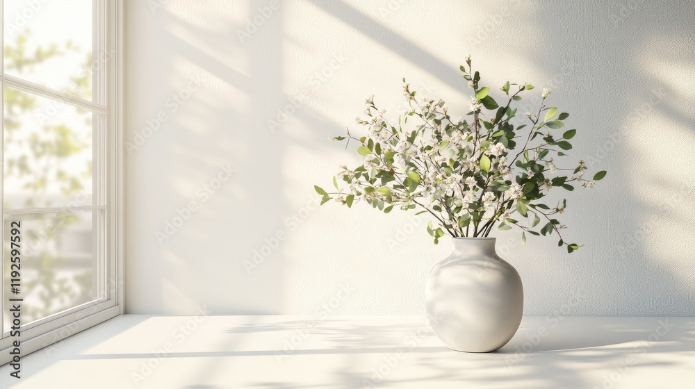 Bright and airy workspace mockup with a vase of flowers on a minimalist desk featuring natural light and greenery in a serene office setting Bright and airy workspace mockup with a vase of flowers on a minimalist desk featuring natural light and greenery in a serene office setting