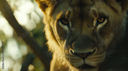 Detailed close-up portrait of a lion highlighting its majestic features and expressive eyes in a natural setting photo