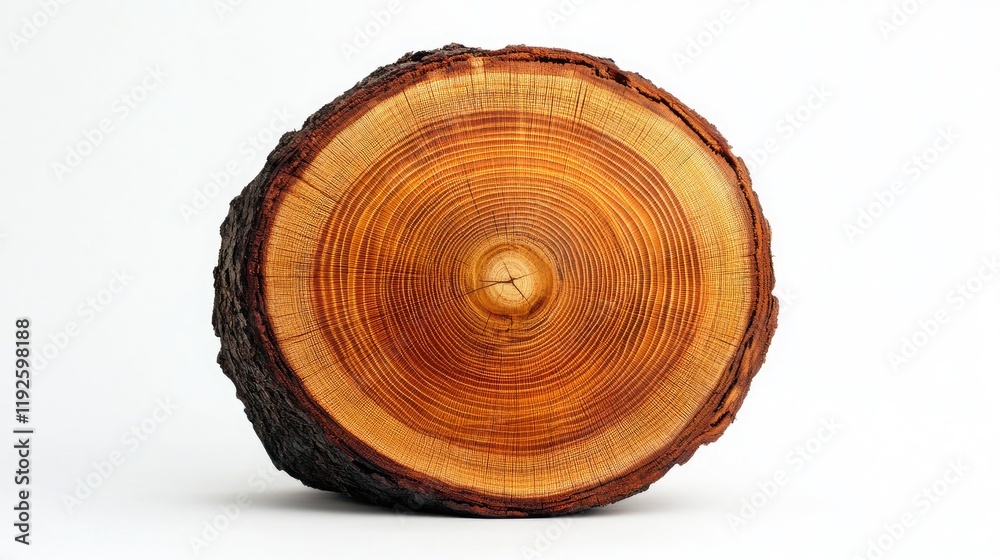 Cross section of a tree trunk displaying intricate growth rings on a clean white background for natural texture and design concepts Cross section of a tree trunk displaying intricate growth rings on a clean white background for natural texture and design concepts
