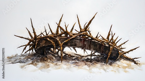 Watercolor Painting of a Crown of Thorns with Bloodstains on a White Background.