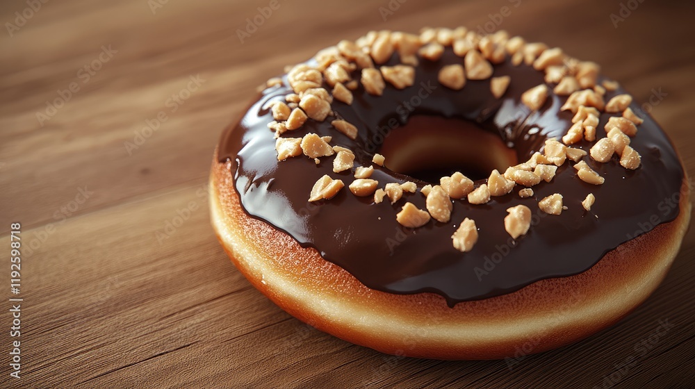 Delicious Chocolate Iced Donut Topped with Chopped Peanuts Set on a Rustic Wooden Table Delicious Chocolate Iced Donut Topped with Chopped Peanuts Set on a Rustic Wooden Table