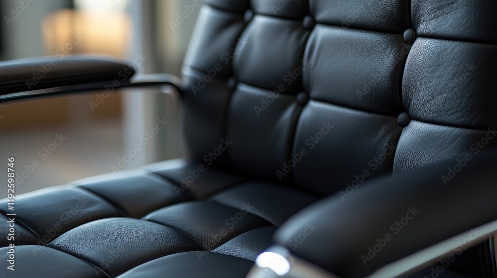 Obraz premium Close up of a luxurious black leather office chair showcasing its texture and stitching details for modern workplace decor