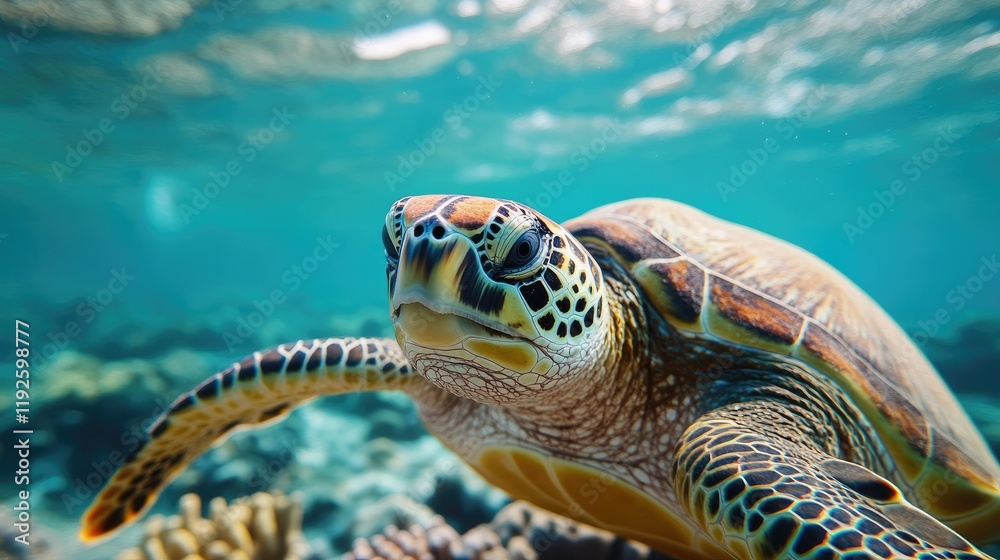 Obraz premium Preserving Marine Life Macro Shot of a Turtle in Vibrant Coral Reef Environment Underwater Adventure