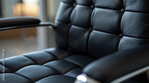 Close up of a luxurious black leather office chair showcasing its texture and stitching details for modern workplace decor photo