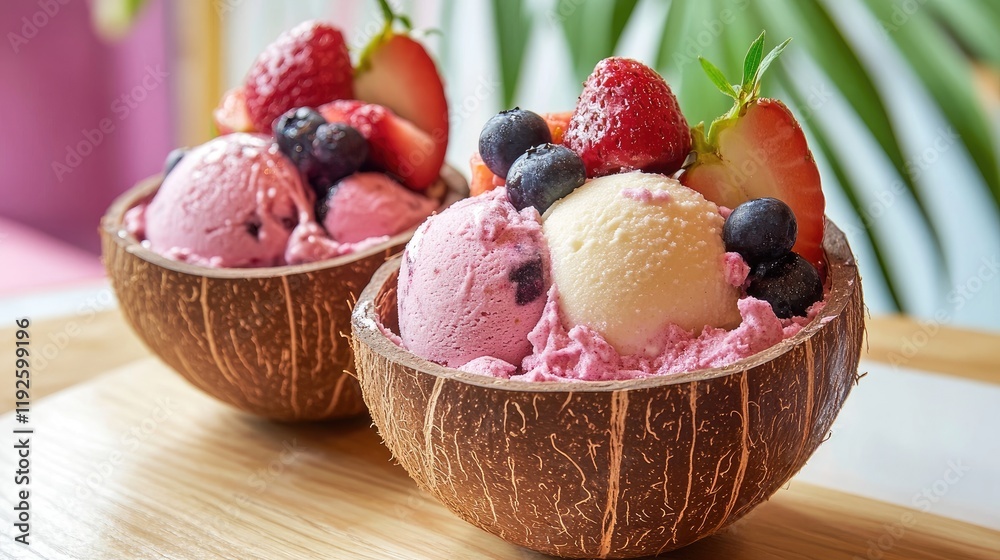 Coconut bowls filled with colorful sherbet and fresh berries for a refreshing dessert experience. Coconut bowls filled with colorful sherbet and fresh berries for a refreshing dessert experience.