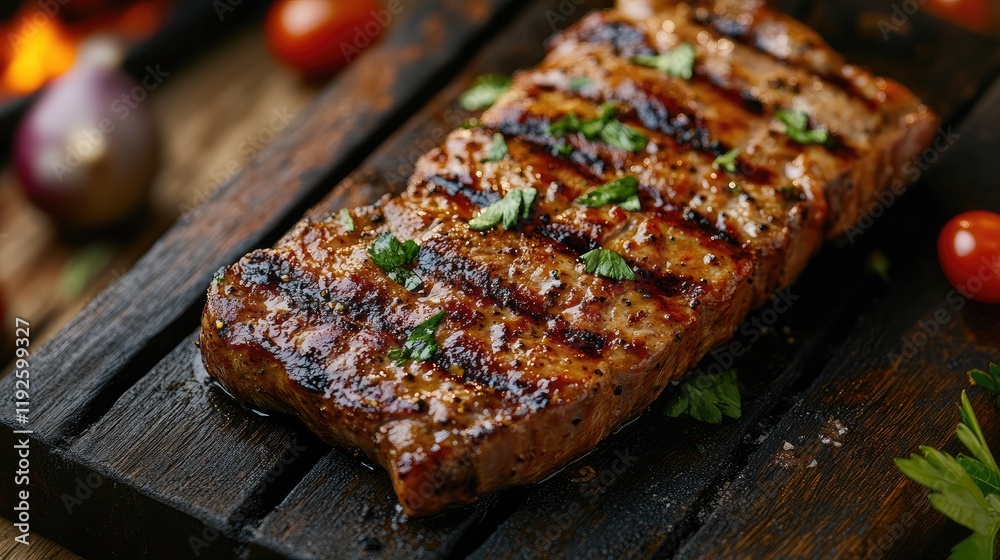 Grilled Pork Steak Garnished with Fresh Herbs on a Rustic Wooden Platter Grilled Pork Steak Garnished with Fresh Herbs on a Rustic Wooden Platter