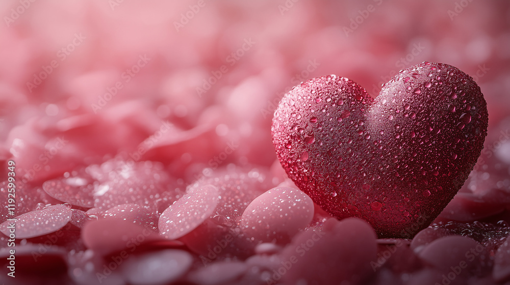 Obraz premium Romantic Valentine's Day Background with Dewy Red Heart and Petals