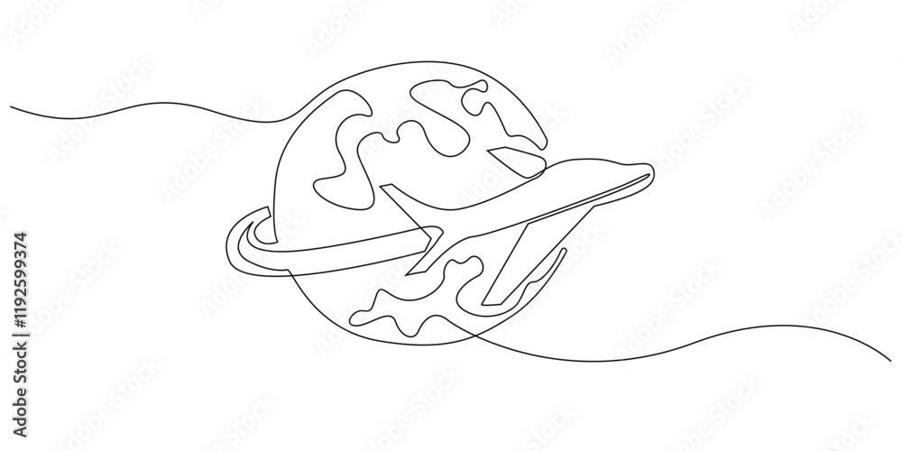 Obraz premium continuous line drawing of plane around the world.one line drawing of plane and world.one line vector holiday concept.single line vector illustration.isolated white background