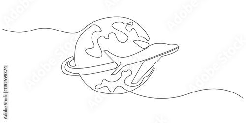 continuous line drawing of plane around the world.one line drawing of plane and world.one line vector holiday concept.single line vector illustration.isolated white background