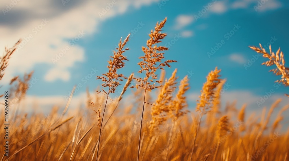 Fototapeta premium Golden wheat field under a blue sky with clouds showcasing vibrant agricultural growth and tranquility in nature.