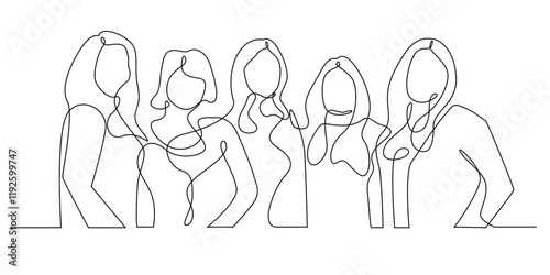 continuous line drawing of group of women.one line drawing of group photo of women.women perposing in studio.single line vector illustration.isolated white background