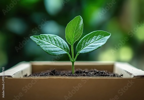 Wallpaper Mural A small green sprout growing from the soil inside an empty cardboard box, symbolizing new life and growth in eco-friendly gardening practices. Torontodigital.ca