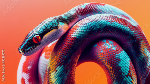 Abstract art of a snake featuring a red eye and blue tail with bold colors and soft diffused lighting creating a striking visual effect photo