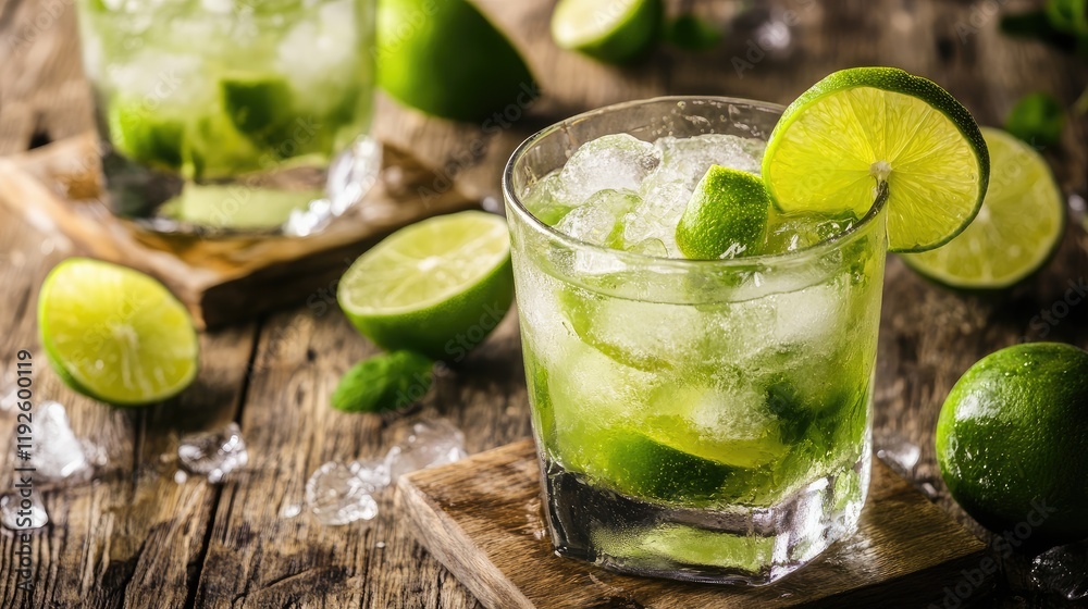 Fototapeta premium Refreshing caipirinha cocktail with lime served on wooden coasters with ice and fresh limes on rustic table background