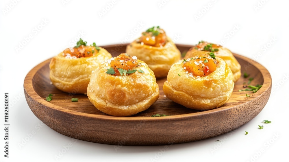 Traditional mini puff dessert with fish curry filling garnished with herbs on a wooden plate isolated on a white background Traditional mini puff dessert with fish curry filling garnished with herbs on a wooden plate isolated on a white background