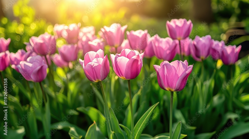 Violet tulips blooming in sunlight surrounded by lush greenery capturing the essence of a vibrant spring garden landscape Violet tulips blooming in sunlight surrounded by lush greenery capturing the essence of a vibrant spring garden landscape
