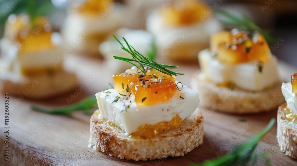 Gourmet Cheese Canapés Topped with Jellied Fruit and Fresh Herbs on a Wooden Serving Board Gourmet Cheese Canapés Topped with Jellied Fruit and Fresh Herbs on a Wooden Serving Board