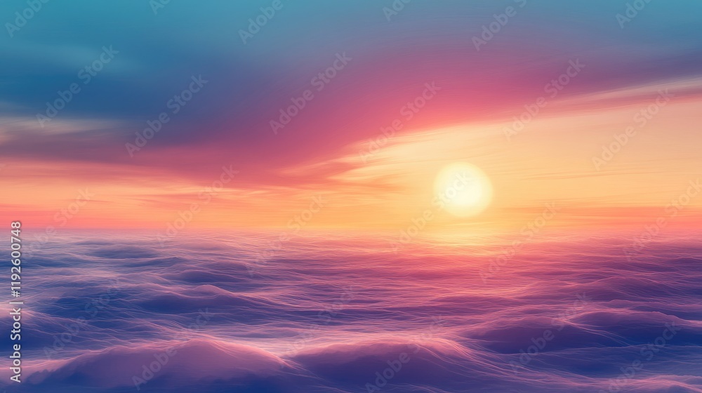 Fototapeta premium Serene Sunset Over Ocean Cloudscape Aerial View with Vibrant Colors at Dusk Captured from Airplane Above the Clouds