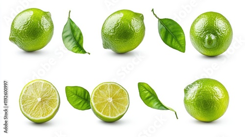 Fresh tropical ripe green lemon collection showcasing various angles and cuts with leaves isolated on white background for food presentation