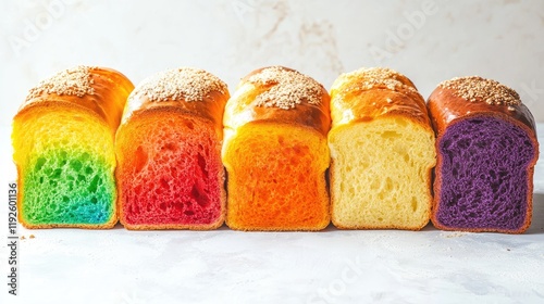 Vibrant rainbow bread loaves in a row showcasing colorful layers and a delectable golden crust on a clean white background photo