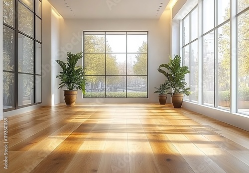 Modern style  bright room with large windows and white walls. 
